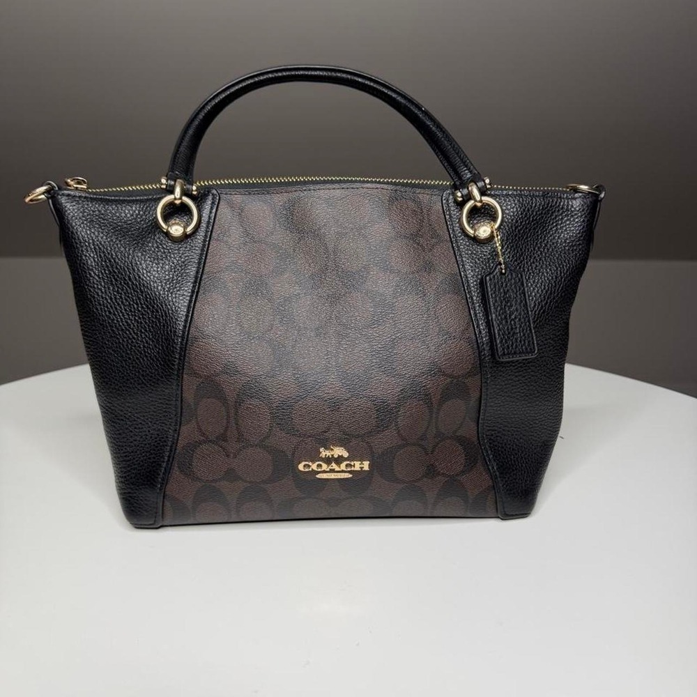 Authentic Coach Kacey Signature Satchel Brown Black Monogram Leather Tote